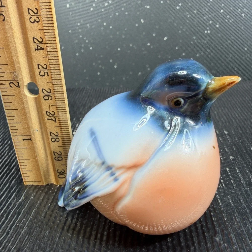Vintage Chubby Blue Bird Porcelain Figurine Round Glossy Glazed Figure 2.5 inch